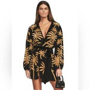 Retrofete Gabrielle Robe Palm Dress with Beaded Sequins in Black and Gold